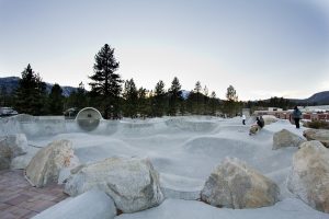 Volcom Brothers Skatepark at dusk looking towards Mammoth Mountain small