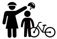 Mother Puts Helmet on Child with Bicycle for Bike Safety silhouette mask signage