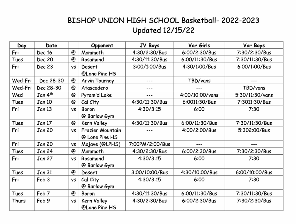 BUHS Basketball Schedule Changes Sierra Wave Eastern Sierra