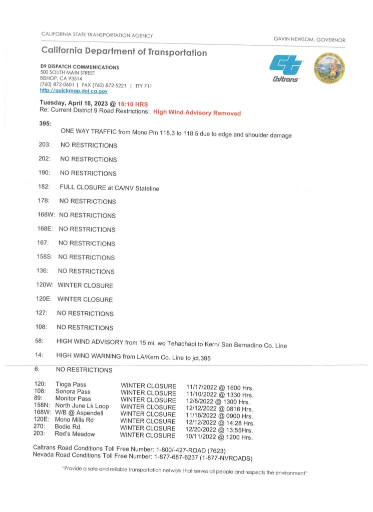 CALTRANS ROAD CONDITIONS UPDATE US 395 APRIL 18 415 pm Sierra