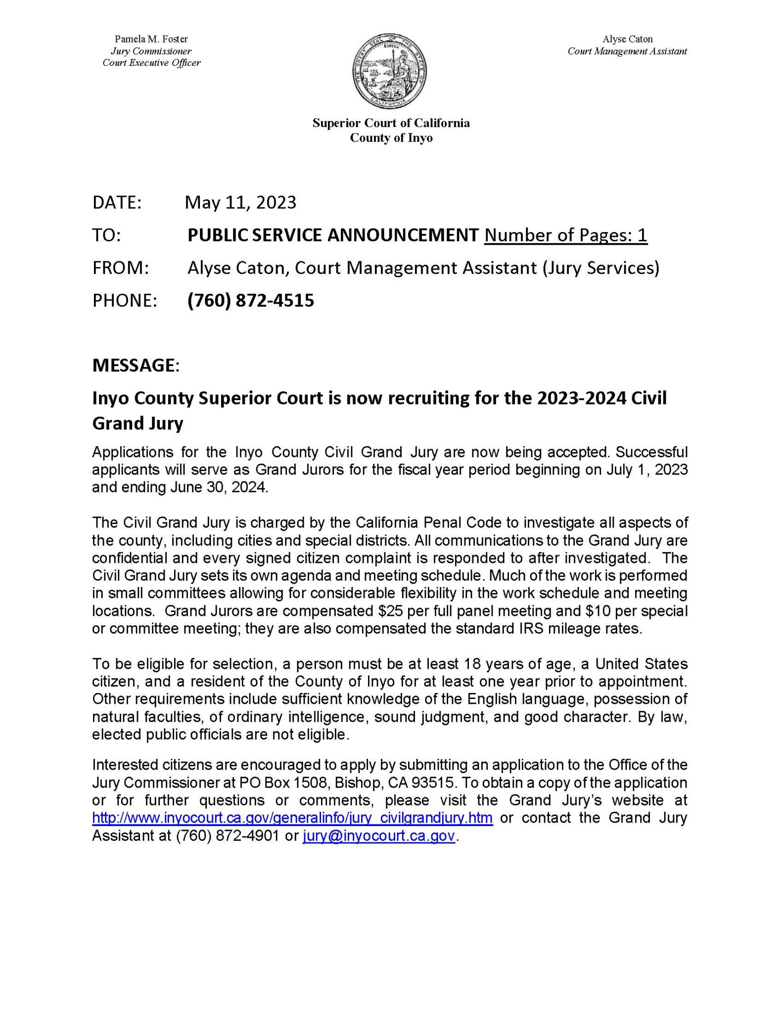 Inyo County Superior Court is Now Recruiting for the 2023 2024 Civil