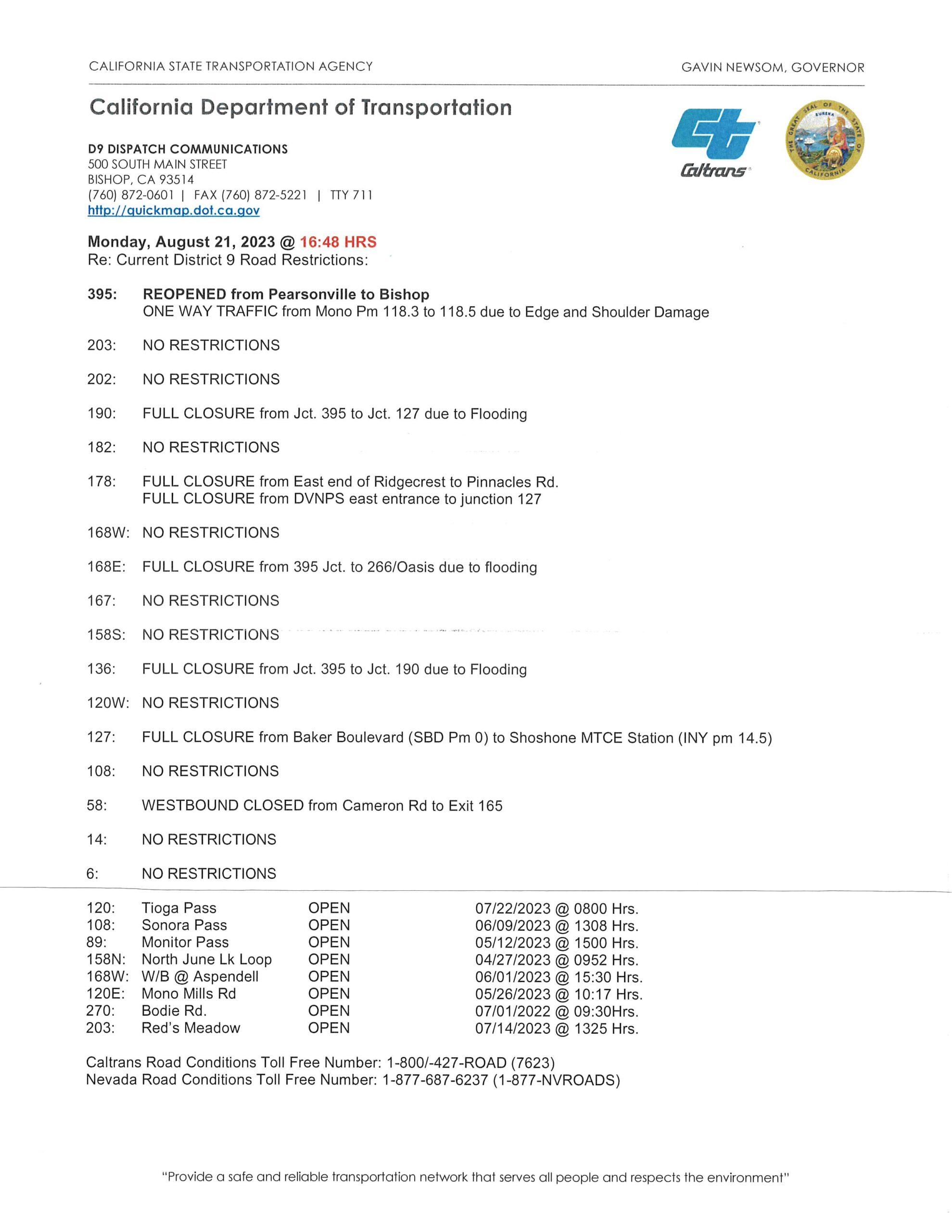 Caltrans Road Conditions Update 395 Reopened August 21 445 PM