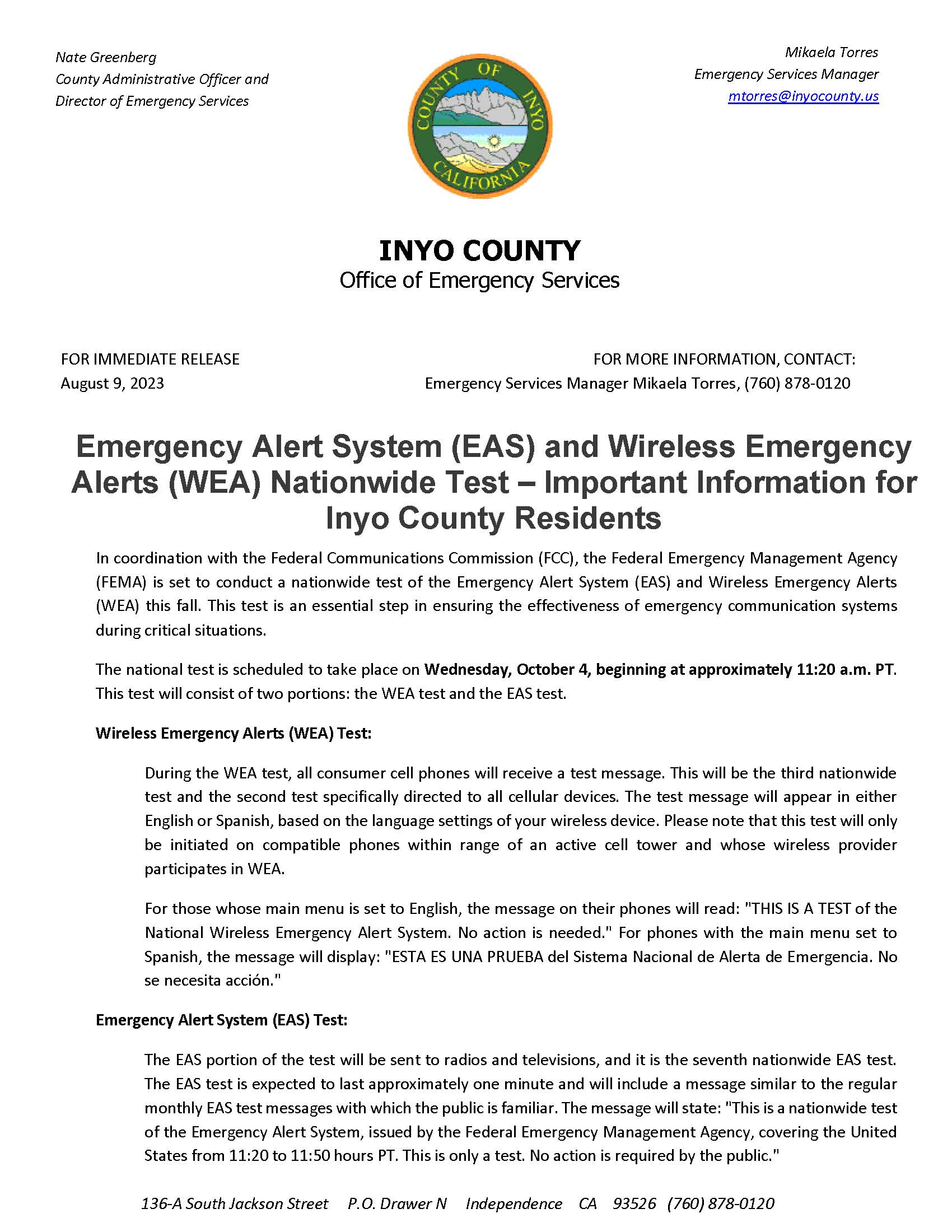 Emergency Alert System (EAS) and Wireless Emergency Alerts (WEA