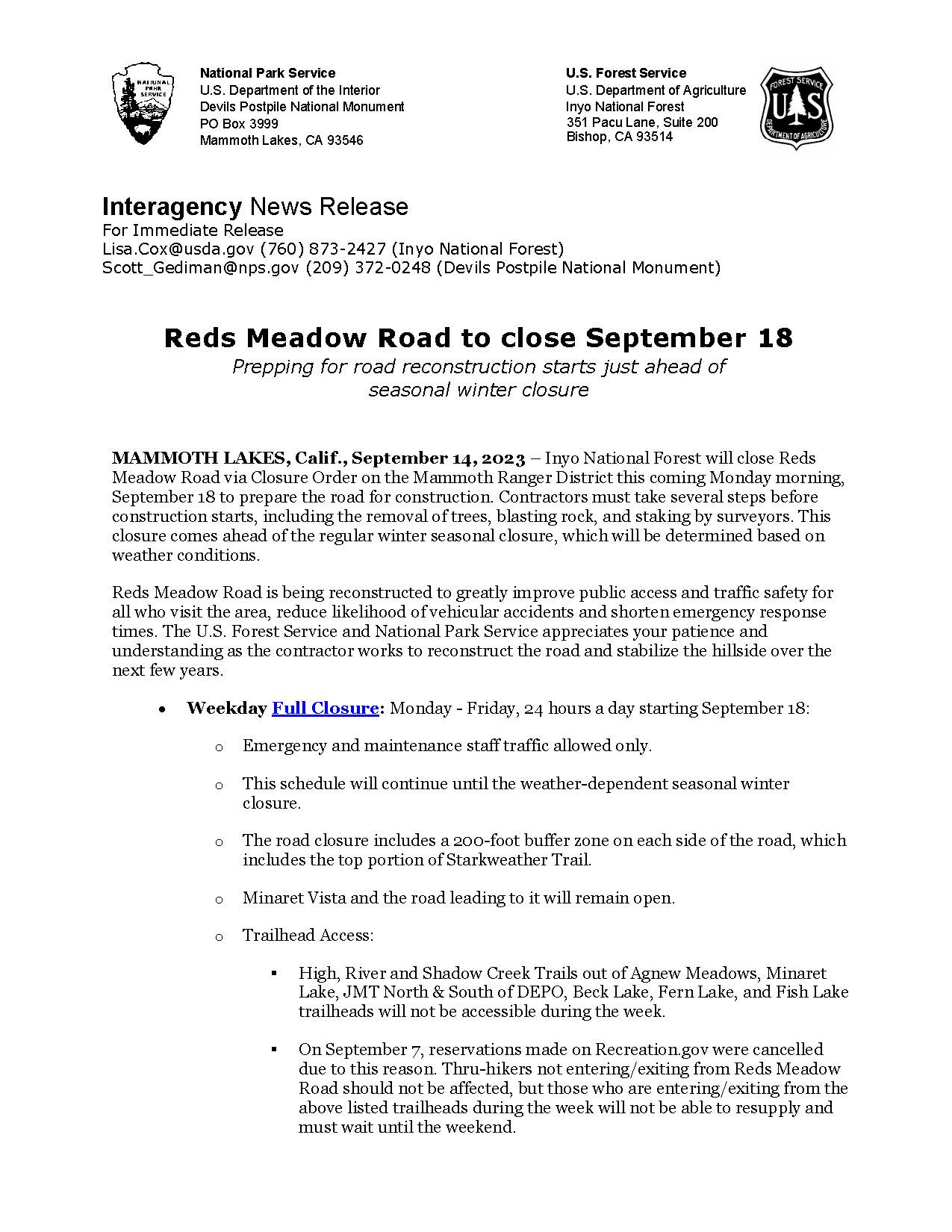 Reds Meadow Road to Close September 18 Interagency News Release