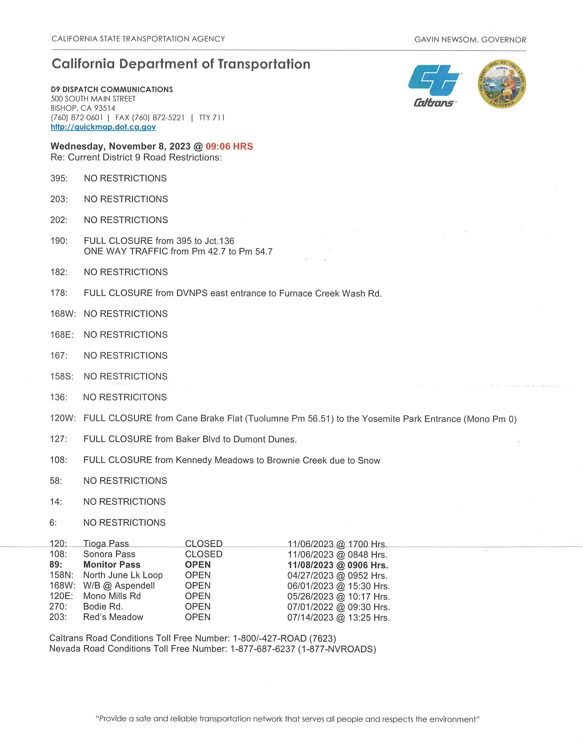 California Highway 89 Road Closures