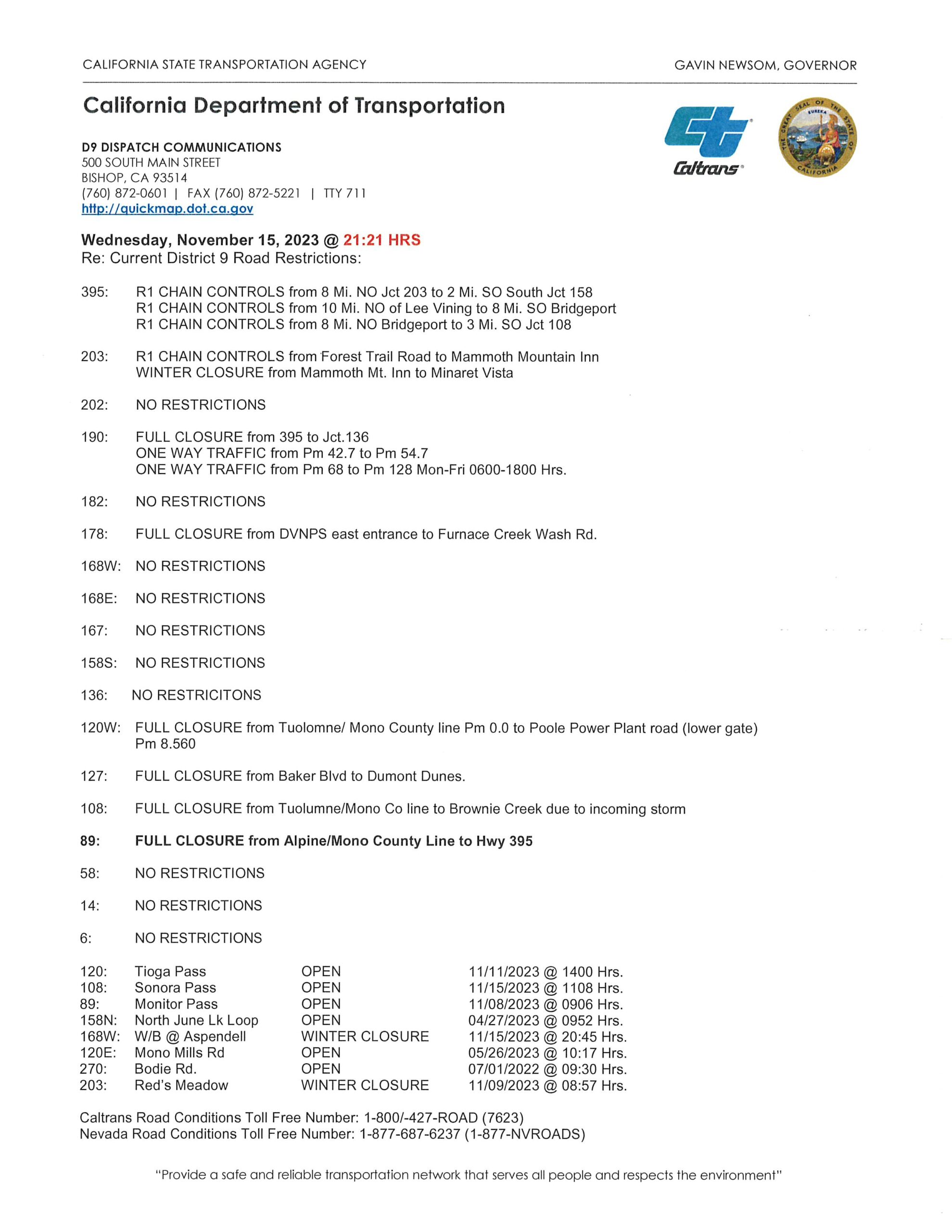 California Highway 89 Road Closures