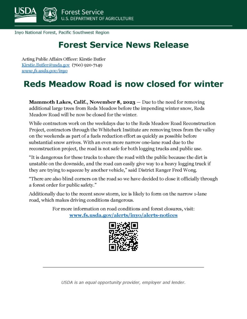 Forest Service News Release Reds Meadow Road Closed for Winter