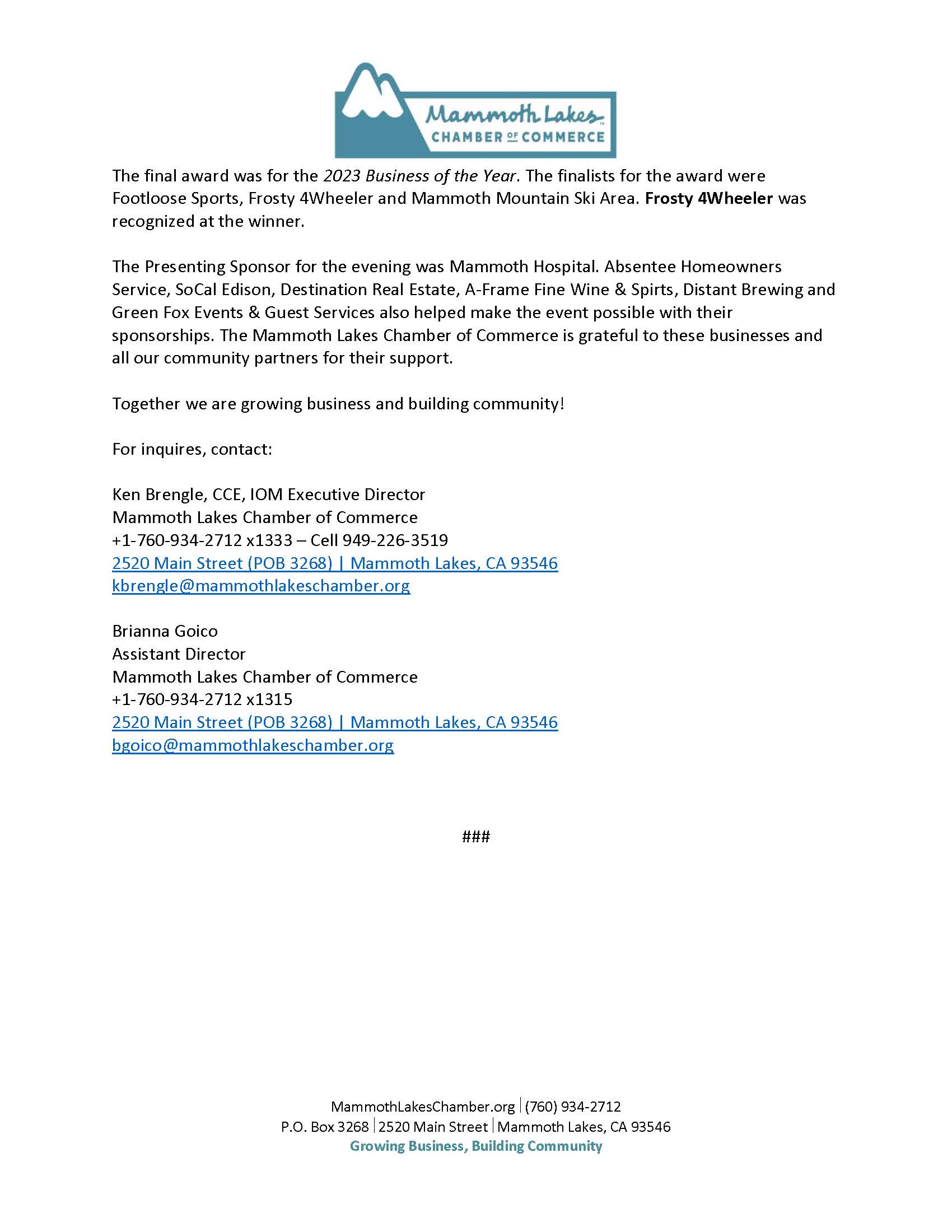 Mammoth Lakes Chamber of Commerce Announces Winners of the 2023