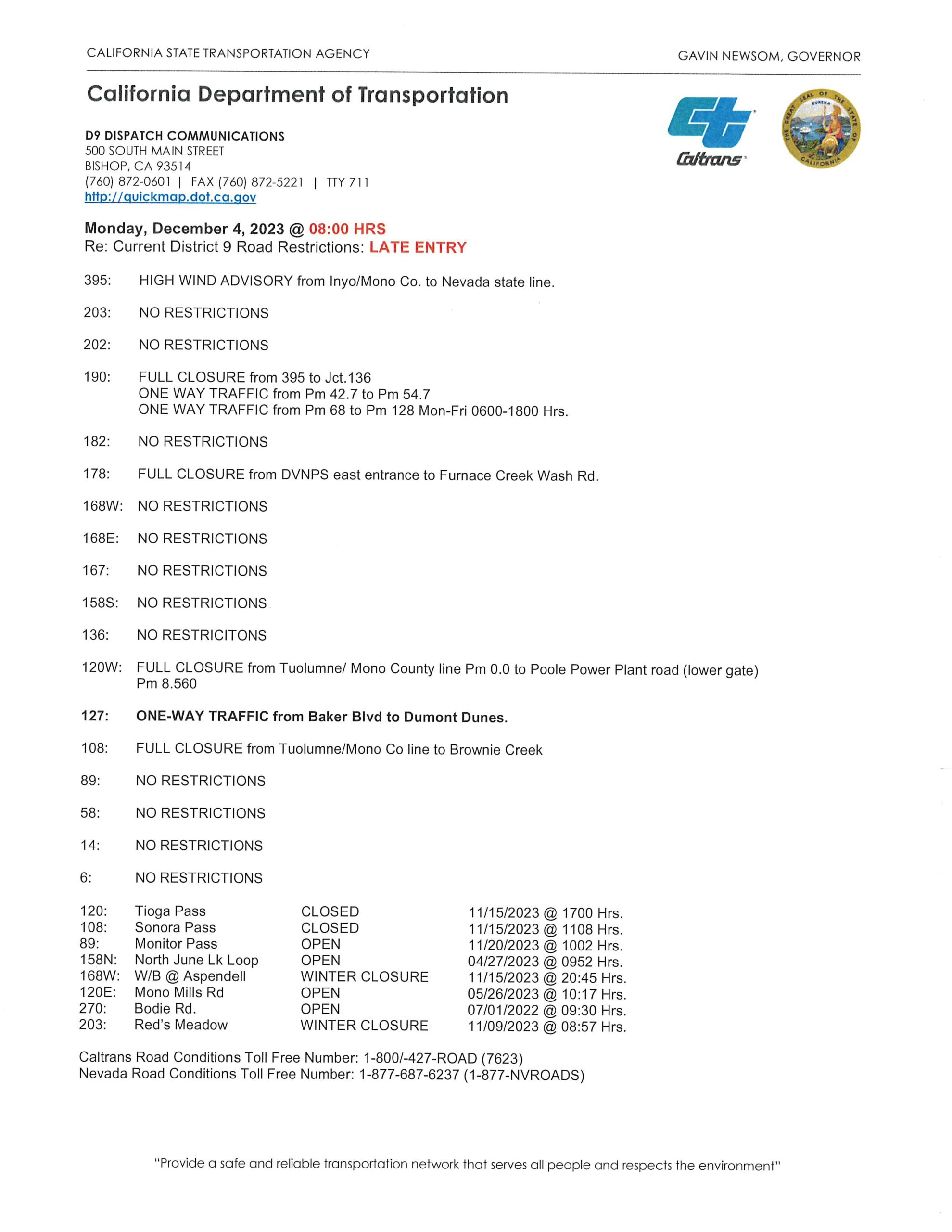 Caltrans Road Conditions - December 6, 2023 - Rt127