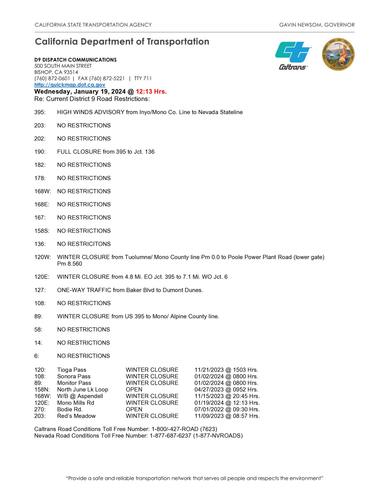 Caltrans Road Conditions January 19 12 15 PM Winds 395 120E Caltrans road conditions january 19 12 15 pm winds 395 120e
