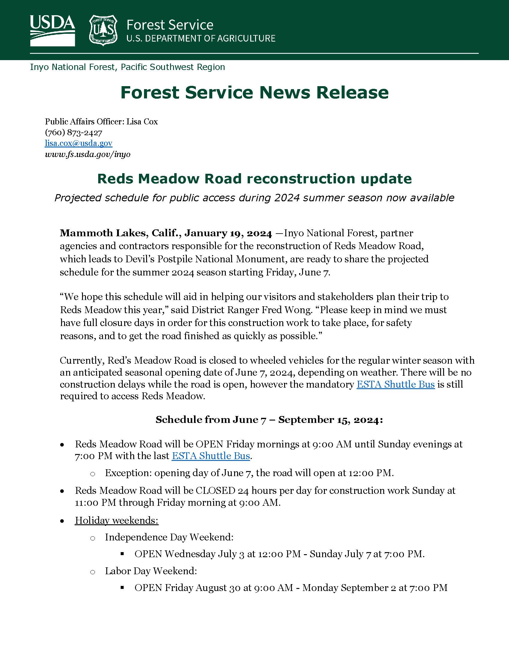 Forest Service News Release Reds Meadow Road Reconstruction Update