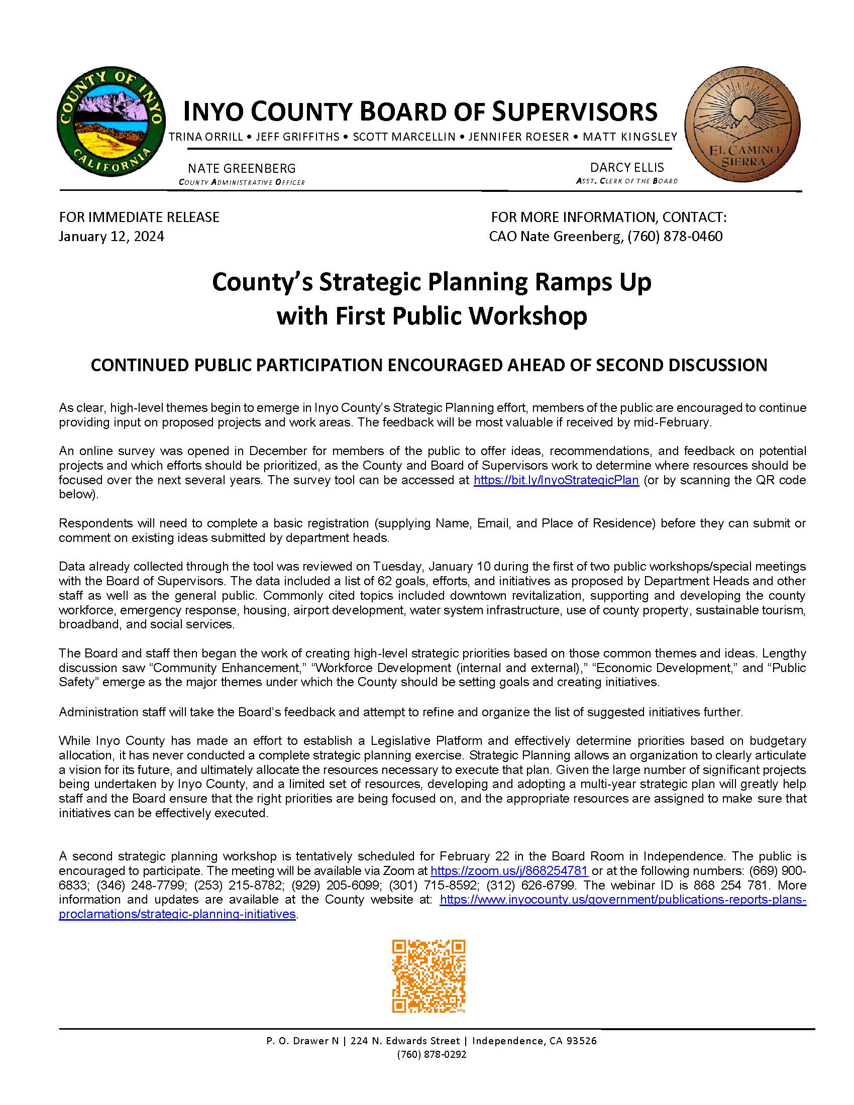 Inyo County Press Release Strategic Planning Ramps Up With First   PRESS RELEASE Strategic Plan Follow Up 