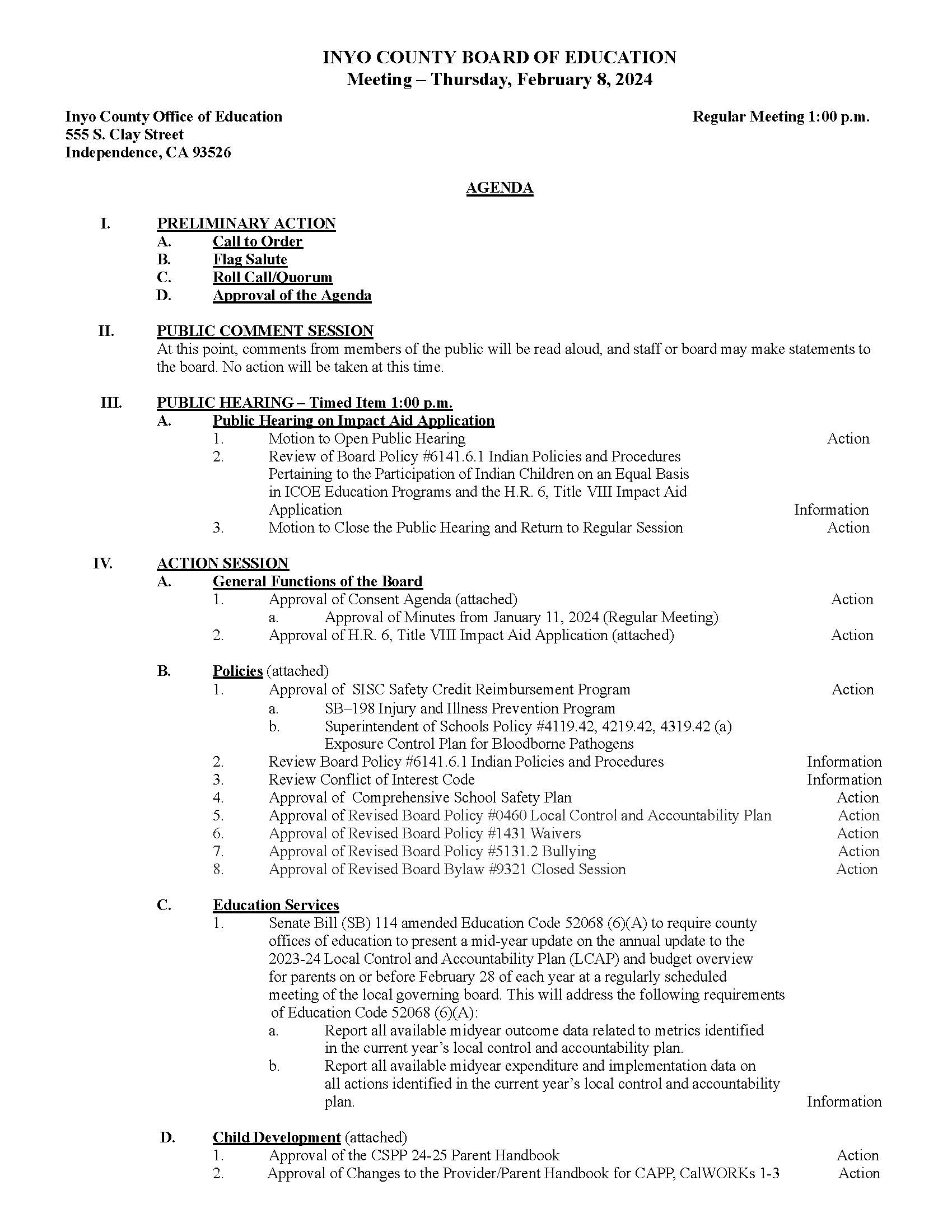 INYO COUNTY BOARD OF EDUCATION Meeting Thursday February 8 2024   Bdagenda.February 8 2024.docx Page 1 