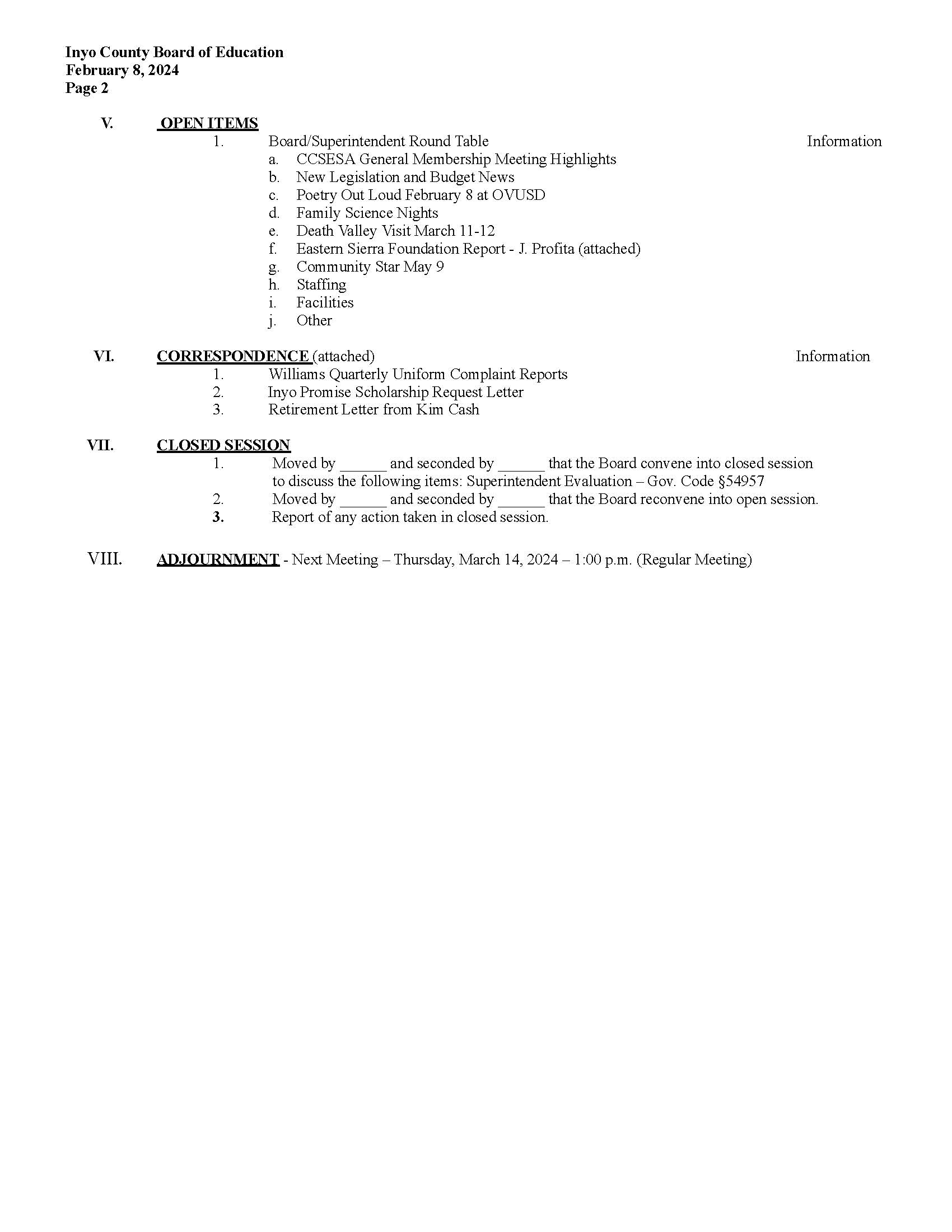 INYO COUNTY BOARD OF EDUCATION Meeting Thursday February 8 2024   Bdagenda.February 8 2024.docx Page 2 