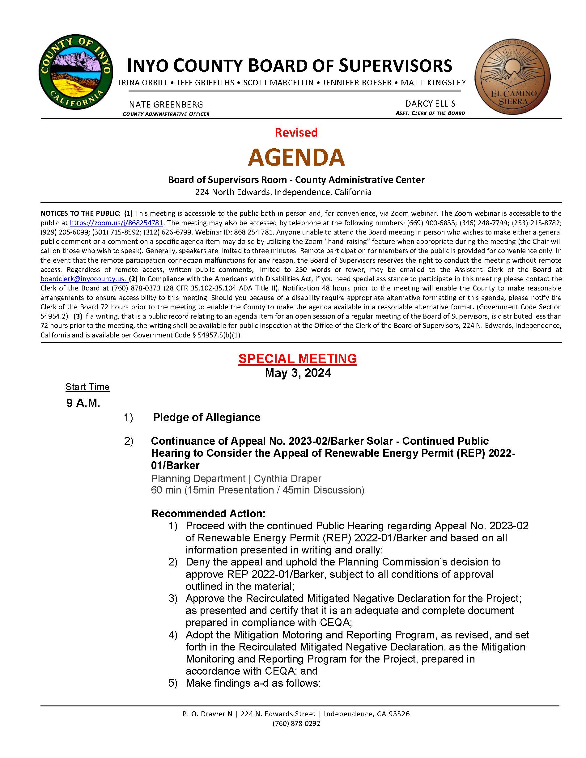20240503AgendaOnly Special Meeting Revised Page 1