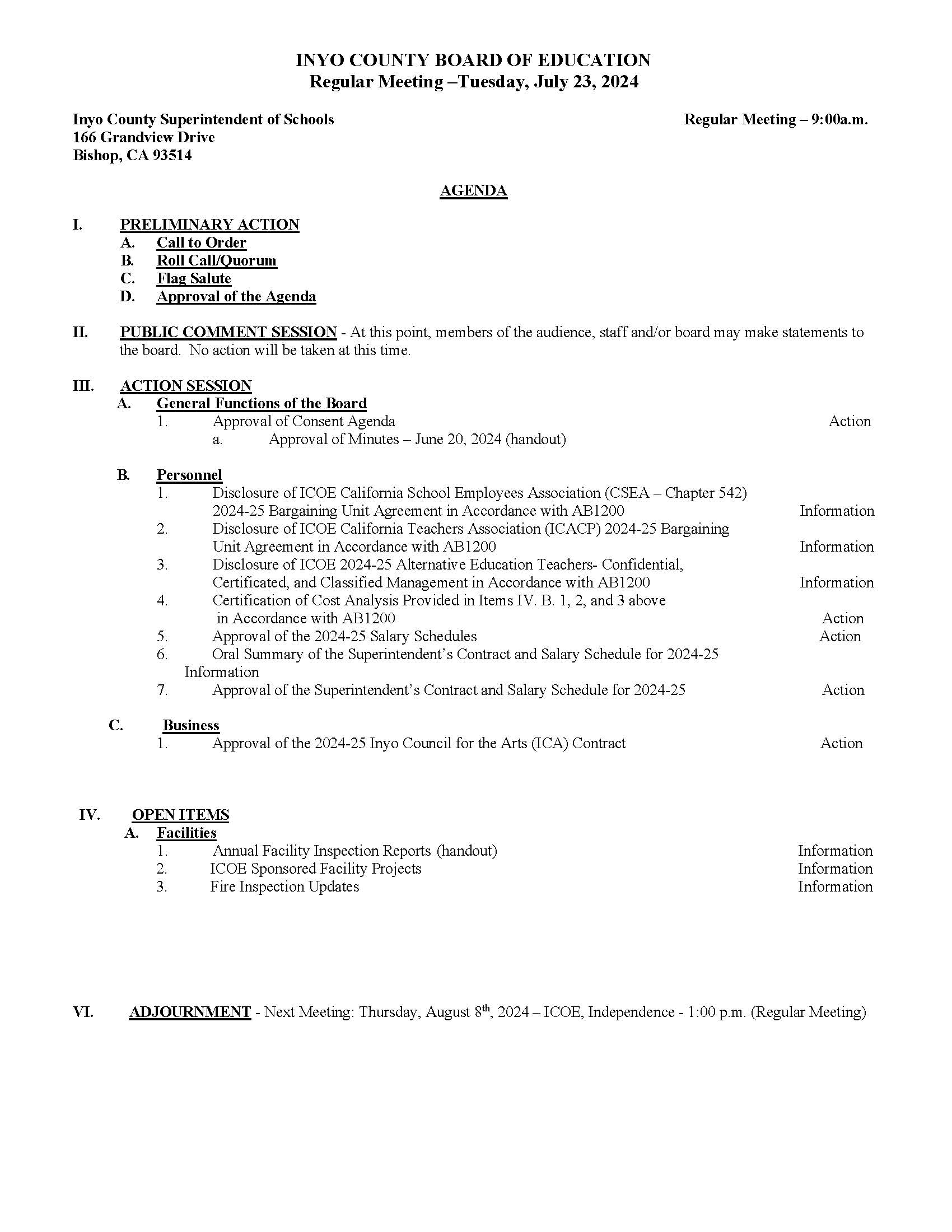 Inyo County Board of Education Agenda for the July 23, 2024 Meeting