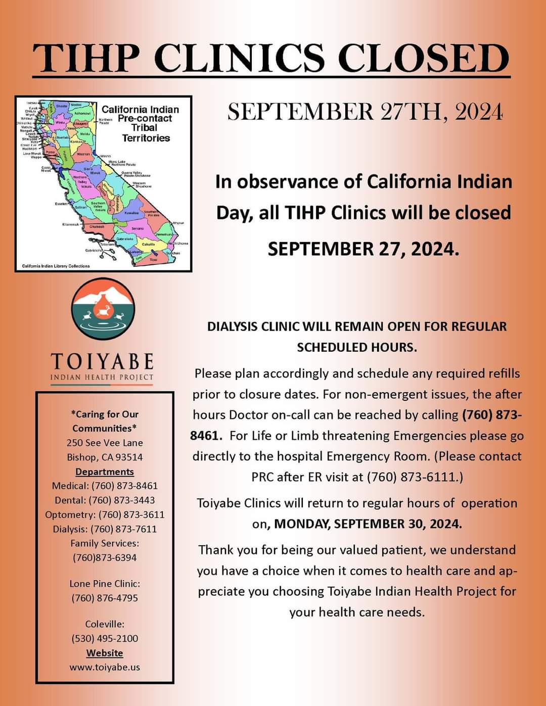 TIHP Clinics Closed September 27th