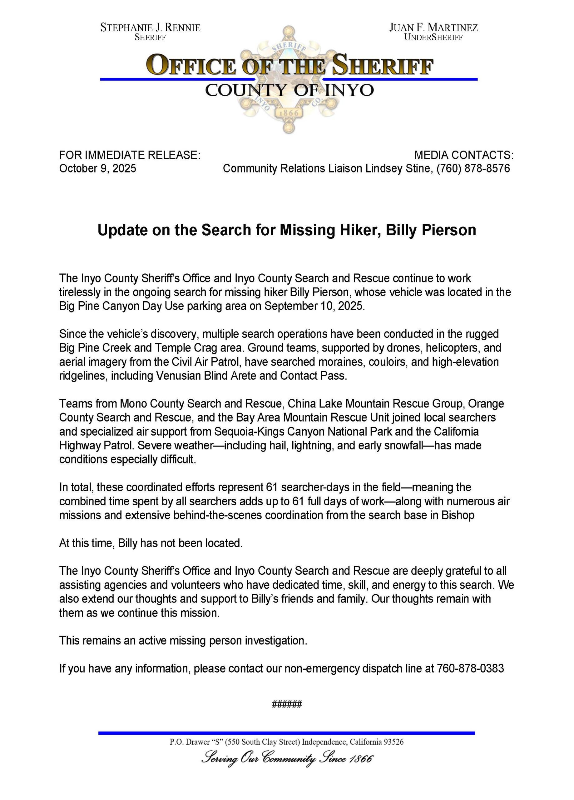 Update on the Search for Missing Hiker, Billy Pierson, issued by the Office of the Sheriff, County of Inyo.